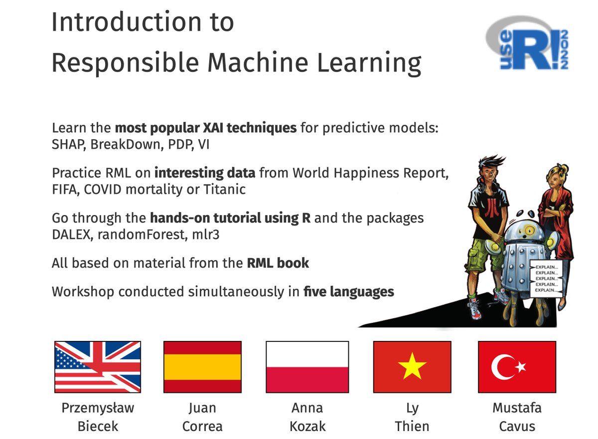 Three-hour Responsible Machine learning tutorial at the #useR2022 conference. The training will be conducted in five languages.
Registration: user2022.r-project.org/participate/re…
Note that tutorial prices depend in the average income in the country. <a href="/_useRconf/">useR! 2024</a>