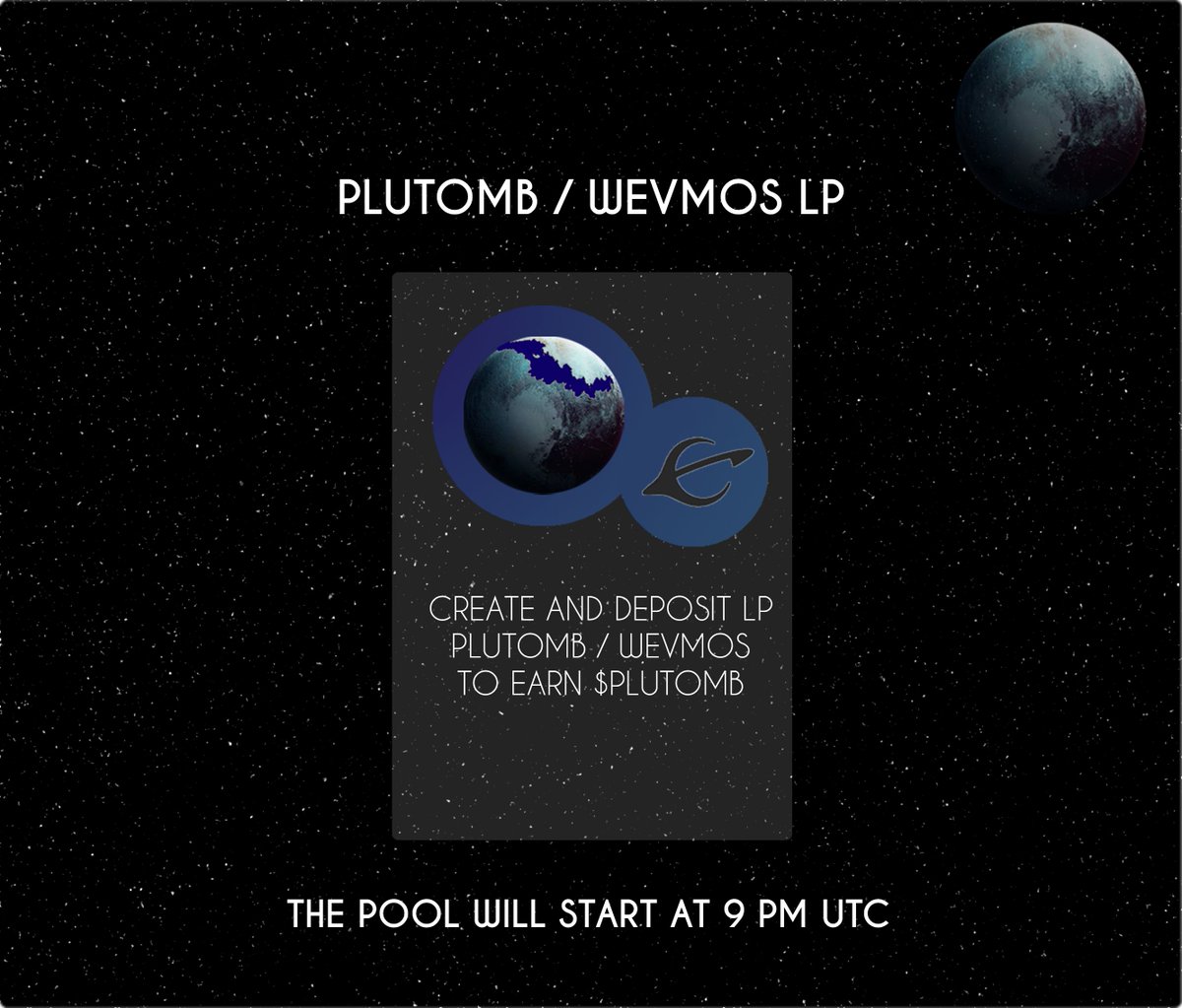 plutomb_'s tweet photo. PLUTOMB/WEVMOS LP genesis pool is now live🥳

You can now deposit WITHOUT FEES!

A short recap of all you need to know:
- 80% of the remaining rewards are allocated to the LP
- No deposit/withdraw fees
- 24 hours left before the end of genesis

https://t.co/IIzXl92mhi https://t.co/fGAuYUuaDS