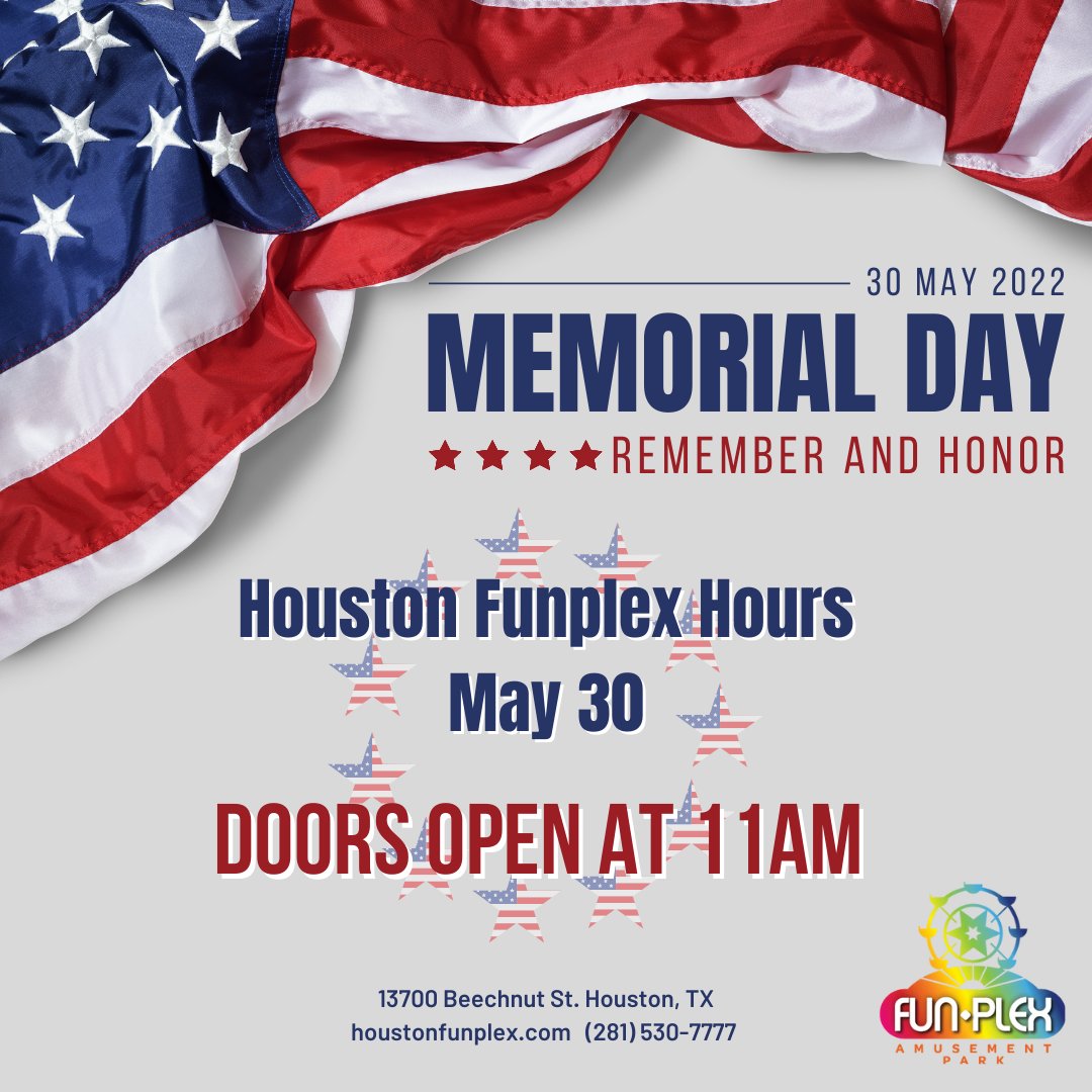 houstonfunplex's tweet photo. Happy Memorial Day! Houston Funplex will open doors at 11AM to our guests. This excludes our Red Bar &amp; Sports Bar area which will open at 4PM. Hope to see you all here!

#houstonfunplex #rides #bowling #skating #houstonevents #memorialday #houstonmemorialday #memorialdayevents https://t.co/K50BUjeO2H