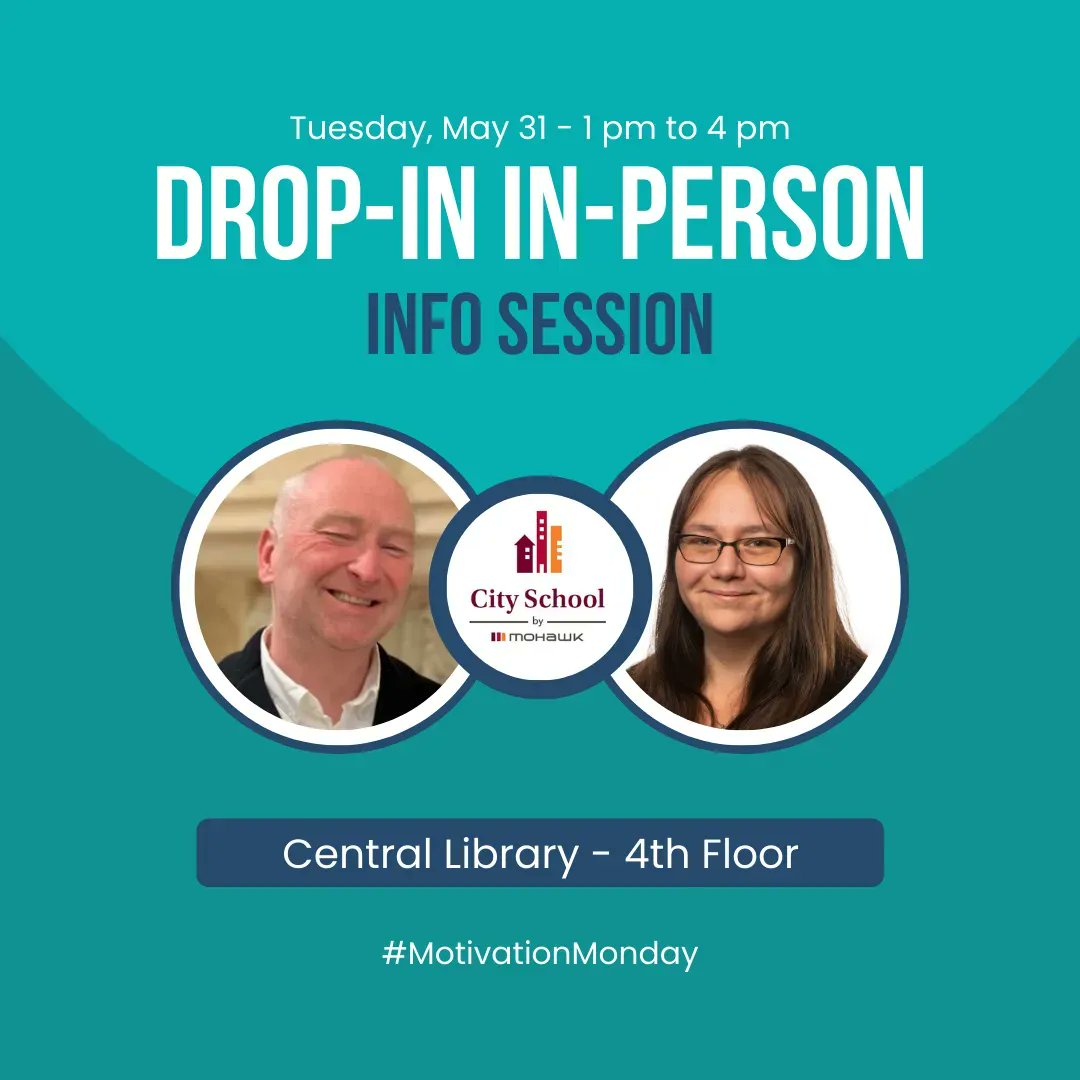 City School by Mohawk (@mocityschool) on Twitter photo Curious about City School but don't know where to start? Connect with Dave and Cat tomorrow <a href="/HamiltonLibrary/">Hamilton PL</a> - Central Library on the 4th floor between 1 pm and 4 pm to learn what City School can do for you! #MotivationMonday #information #lifelonglearning Curious about City School but don't know where to start? Connect with Dave and Cat tomorrow <a href="/HamiltonLibrary/">Hamilton PL</a> - Central Library on the 4th floor between 1 pm and 4 pm to learn what City School can do for you! #MotivationMonday #information #lifelonglearning