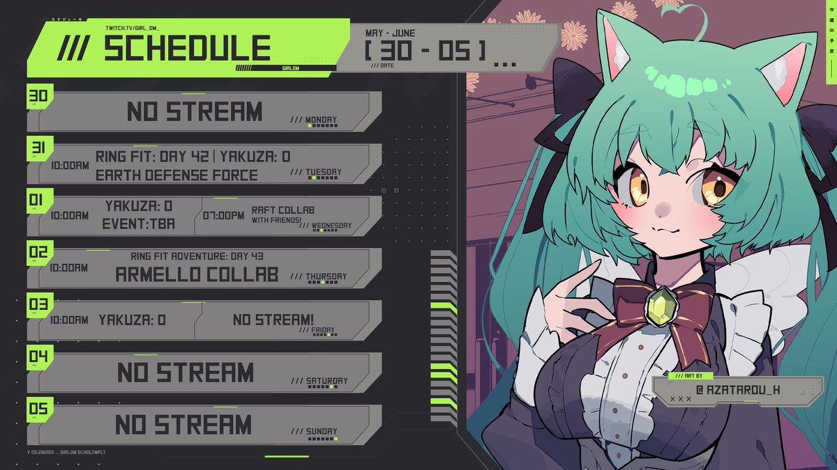 Girl_Dm_'s tweet photo. this week schedule! may 30 - june 05! all times in pst!

coming up: THREE collabs on my stream, no spooky stream this time - having collab!

wednesday is an event ive been training for 😤

🎨 by @/azatarou_h
https://t.co/AZJ9FNob4V https://t.co/u8UwzBygEl