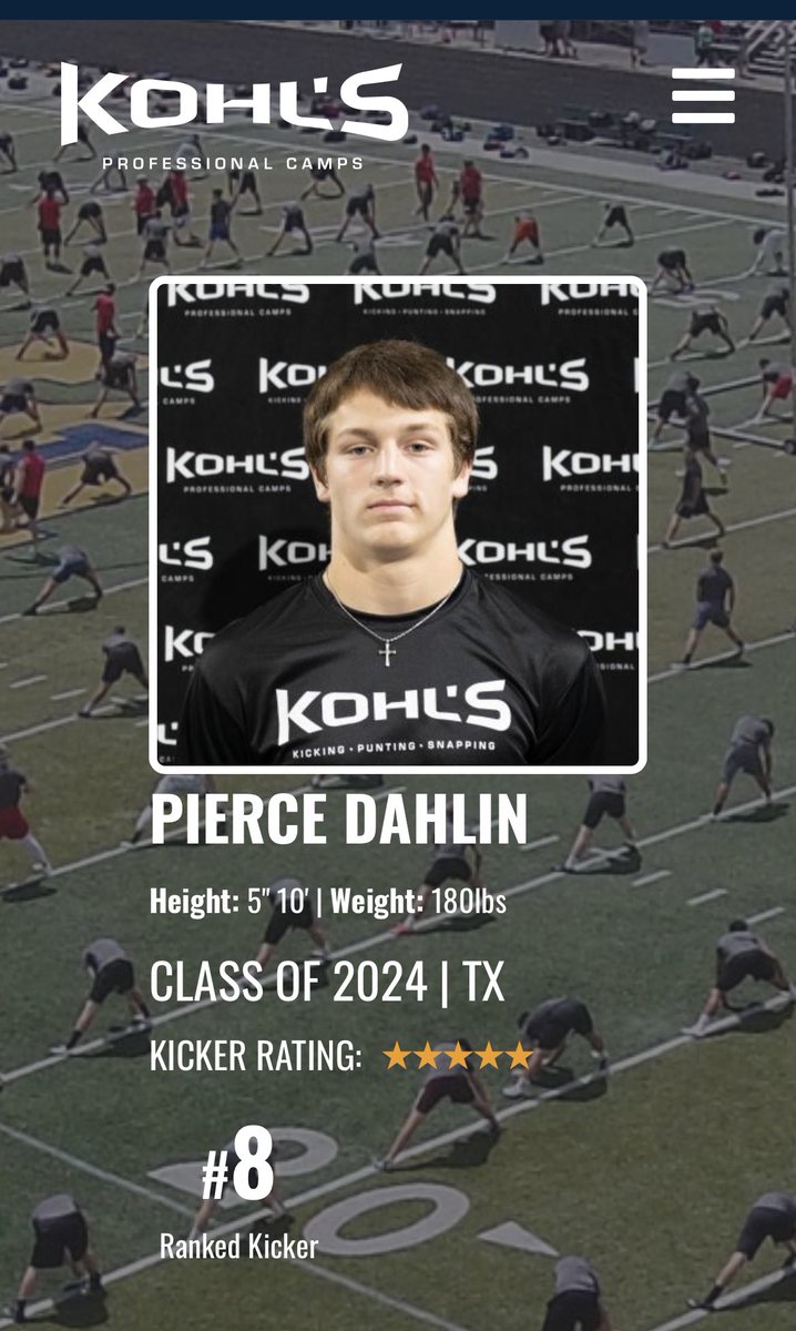 Pierce Dahlin (@piercedahlin) on Twitter photo Officially a 5⭐️ kicker after his last event and ranked #8
<a href="/PierceDahlin/">Pierce Dahlin</a> <a href="/KohlsKicking/">Kohl's Kicking Camps</a> <a href="/KickExposure/">Kicking Exposure by Scott Blanton</a> @BNHSFOOTBALL09 <a href="/RALeo1974/">Richard A. Leonard</a> Officially a 5⭐️ kicker after his last event and ranked #8
<a href="/PierceDahlin/">Pierce Dahlin</a> <a href="/KohlsKicking/">Kohl's Kicking Camps</a> <a href="/KickExposure/">Kicking Exposure by Scott Blanton</a> @BNHSFOOTBALL09 <a href="/RALeo1974/">Richard A. Leonard</a>