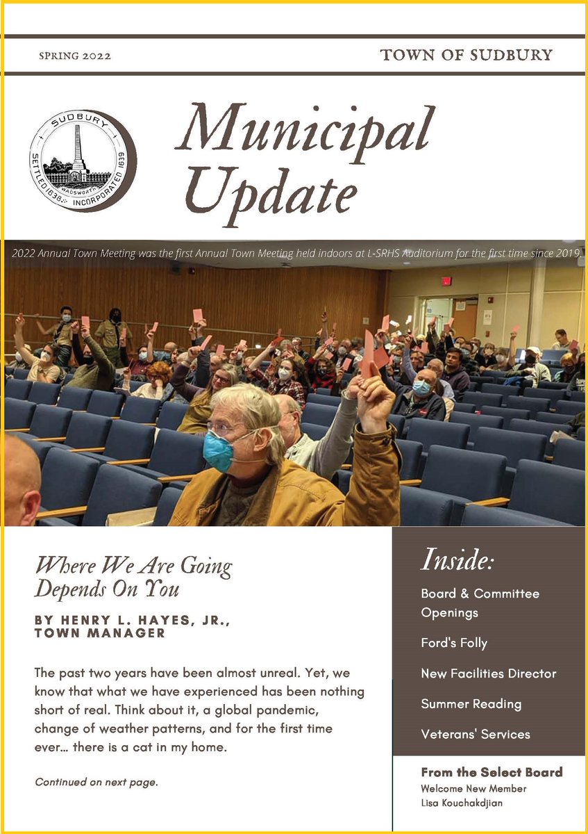 Sudbury_Town's tweet image. Read about Board &amp;amp; Committee Openings, Ford’s Folly, New Facilities Director, Summer Reading, Veteran’s Services, New Member Lisa Kouchakdjian and much more in the latest Municipal Update Newsletter:
bit.ly/3lUG023