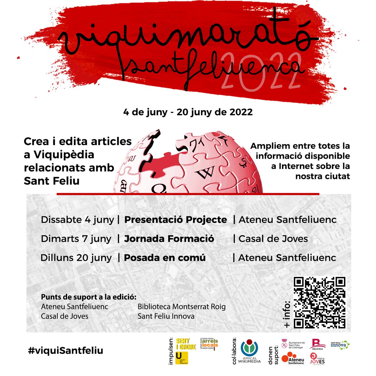 📝VIQUIMARATÓ SANTFELIUENCA 📝

Comptem amb totes vosaltres per tal d'ampliar la informació de Sant Feliu a la Viquipèdia! 

A la nostra bio trobareu l'enllaç a la pàgina de Viquipèdia del projecte.

#viquiSantfeliu #santfeliu #senyiordre #DASC2022