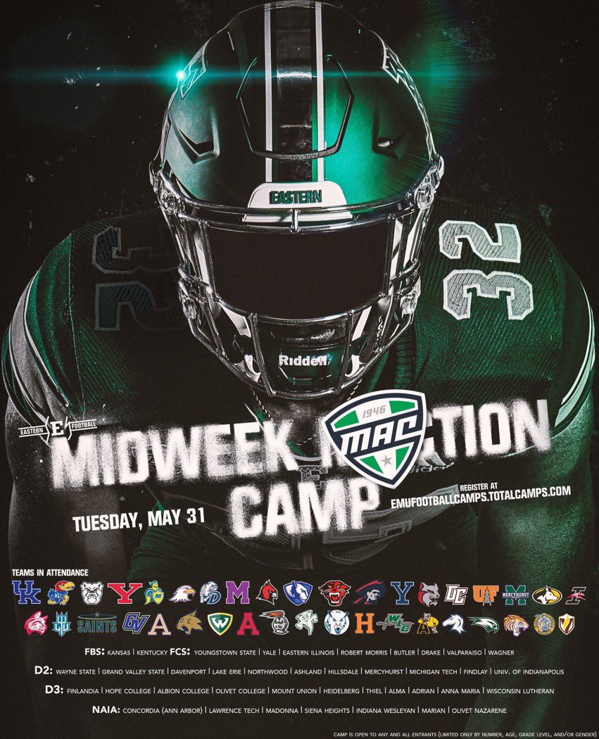 CamJack1027's tweet photo. Next up is @EMUFB camp tomorrow.  Looking forward to working with @Coach_Creighton @CoachPrince7 @Dyrell_Roberts and the rest of the EMU staff. https://t.co/ycaP0Tghkd