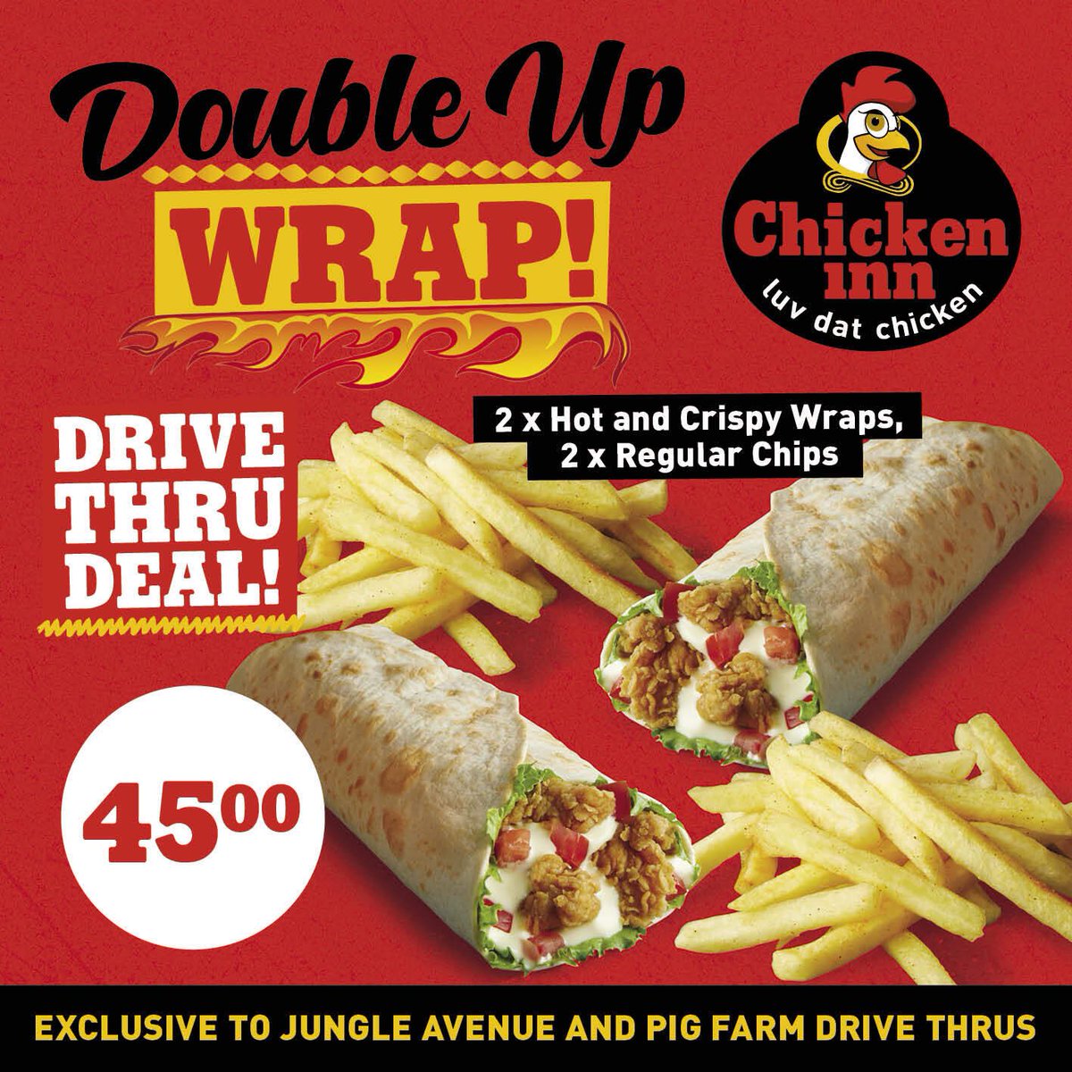 chickeninngh's tweet photo. DOUBLE UP WRAP!
Visit any of our Drive Thrus and enjoy 2 wraps plus 2 regular fries at only GHS45.00
This offer is only available at our Drive Thrus at @thejunglegh and Pig Farm.
#DriveThruDeal
#ChickenInnGh https://t.co/XGSTbUEEAe