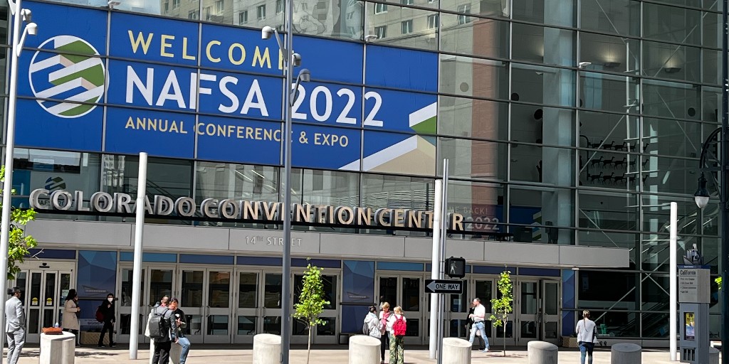 NAFSA's tweet photo. Here in Denver for #NAFSA2022? Pick up your badge today or register on site to save time tomorrow. To get started, first show your purple Safe Expo verification or proof of vaccination once you arrive at the @CCCbluebear. See you soon! https://t.co/E7RUMXet9Y