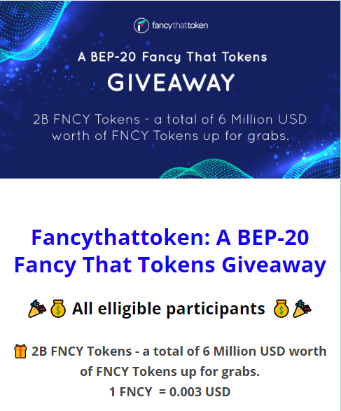 Airdrop2e's tweet photo. 🎉New #Airdrops : Fancythattoken 
🏆For All participants
💰Prize Pool : 2B FNCY Tokens
☑️Airdrop Link : https://t.co/hmN0JhHgF3
💎 1 FNCY = 0.003$
🔥Distribution: a week after TGE
#Airdrops #Giveaways #NFTCommunity #NFTdrop #NFTGiveaways  #BNB #BTC #Giveaway #airdrop 
#Crypto https://t.co/BxuDHnLBm7