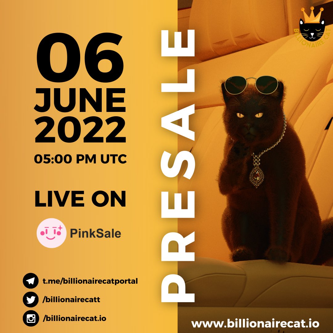 Excited to announce we are very close to Presale date. 

We will be having our presale on one of the top trusted Launchpad in the space <a href="/pinkecosystem/">PinkSale (Pink Ecosystem)</a> 

LFG 🚀🚀

Join community t.me/billionairecat…

#presale #PinkSale #gem #BCAT #Billionairecat #BNB #DeFi