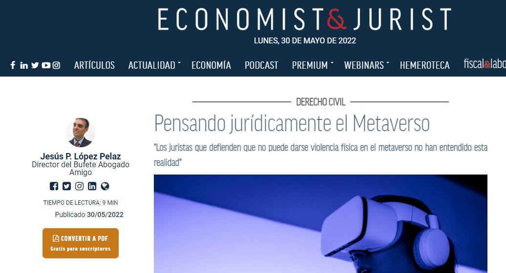 AbogadoAmigo's tweet image. "Pensando jurídicamente el Metaverso"
El artículo de nuestro Director @jlpelaz , hoy es la portada de la Revista jurídica @EconomistJurist
economistjurist.es/articulos-juri…
#tecnología #metaverso #abogados #justicia #abogacia