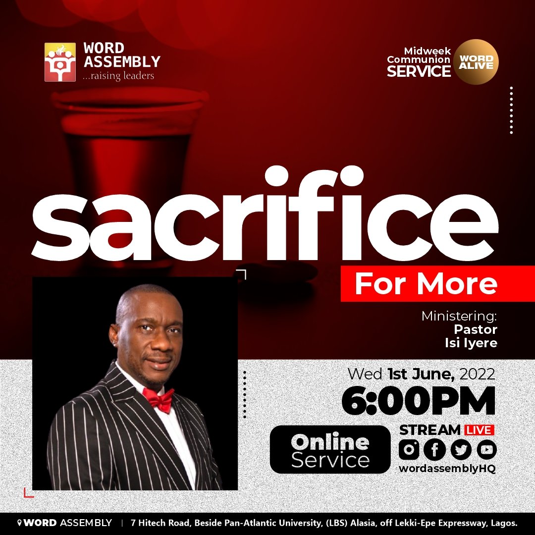 WordAssemblyHQ's tweet photo. Our Word Alive service this week holds ONLINE at 6pm on our Facebook and YouTube pages

Prepare for yet another awesome time of fellowship

Come expectant! God is doing something amazing!

#MidWeekService #WordAlive  #SacrificeForMore #WordAssembly #BoldMovesAndGiantSteps https://t.co/ZNMPu05oWg