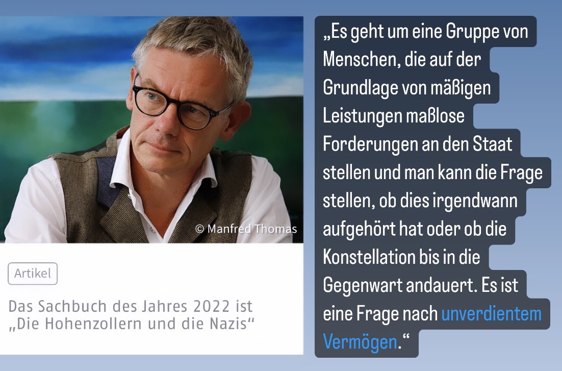 martyna_lin's tweet photo. „Es geht in dem Buch um #Ungleichheit und um die Frage danach, wo Ungleichheit herkommt, wie man sie konserviert und wie Ungleichheit erhalten wird“, Stephan Malinowski über
Die Hohenzollern und die Nazis. @sachbuchpreis #DSP22 https://t.co/kveUPB0QDE