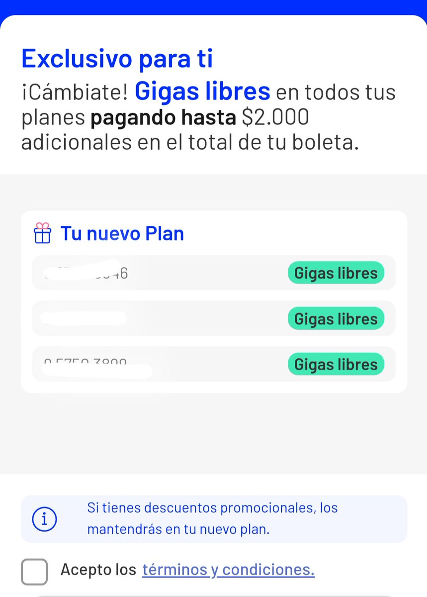 zeroplb's tweet photo. @entel_ayuda hola, en la app me ofrecen gigas libres en mis 3 líneas por 2000 pesos mensuales en el TOTAL de la boleta. ¿Significa q por 2000 pesos me sales LAS 3 LINEAS quedan con gb libres? https://t.co/oCeFDhHrFb