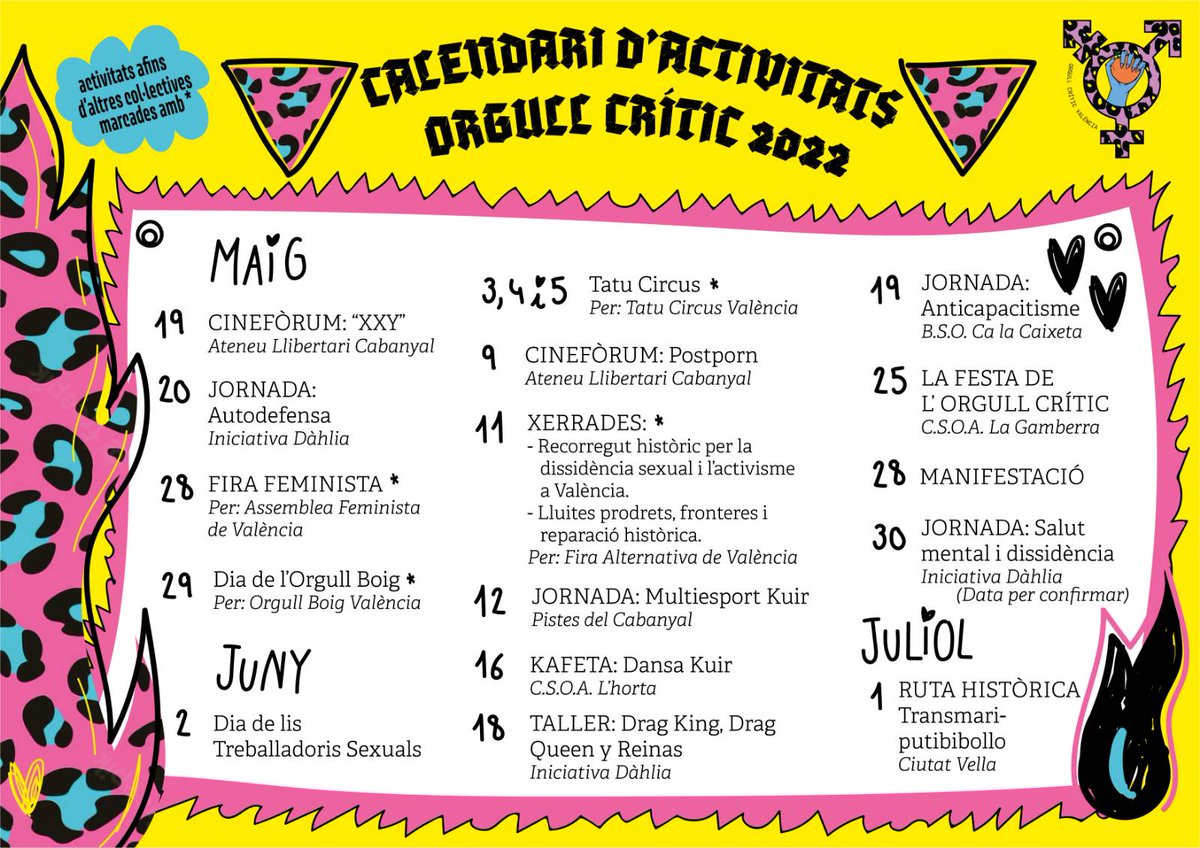🌈⃤HOLI TRANSMARIKABIBOLLOS
Ací vos deixem la programació del que seran les activitats de l'Orgull Crític d'enguany.

A més, també hi hem afegit algunes activitats de col•lectius afins amb els quals ens sembla imprescindible teixir xarxes i que volem compartir amb vosaltris🥰