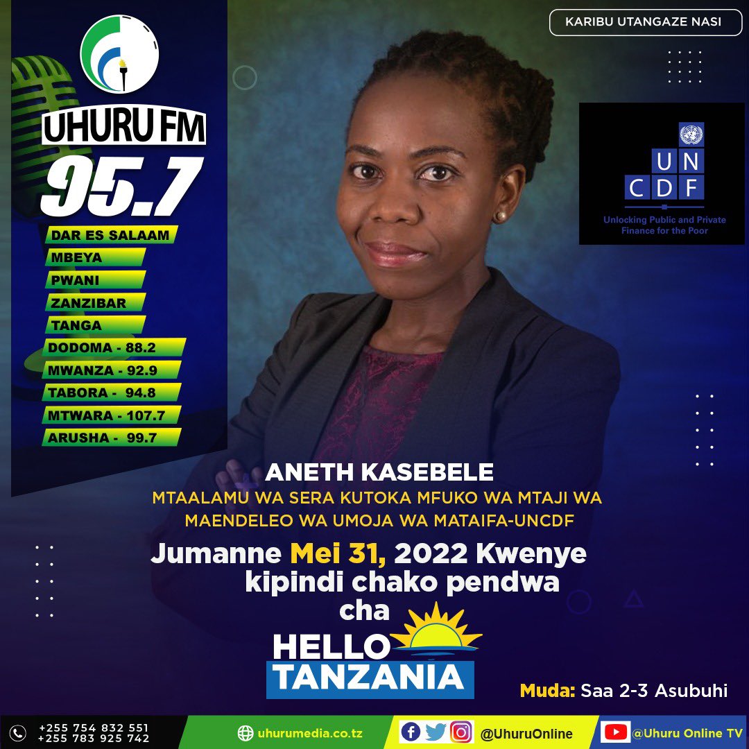 Unique_Zoe's tweet photo. Let’s accelerate innovation in Tanzania with my colleague @MissKasebs and @UhurufmRadio ! Join us through FM 95.7 from 8 am to 9 am tomorrow 🕗.  #IWTz2022 https://t.co/m2p679DPhB