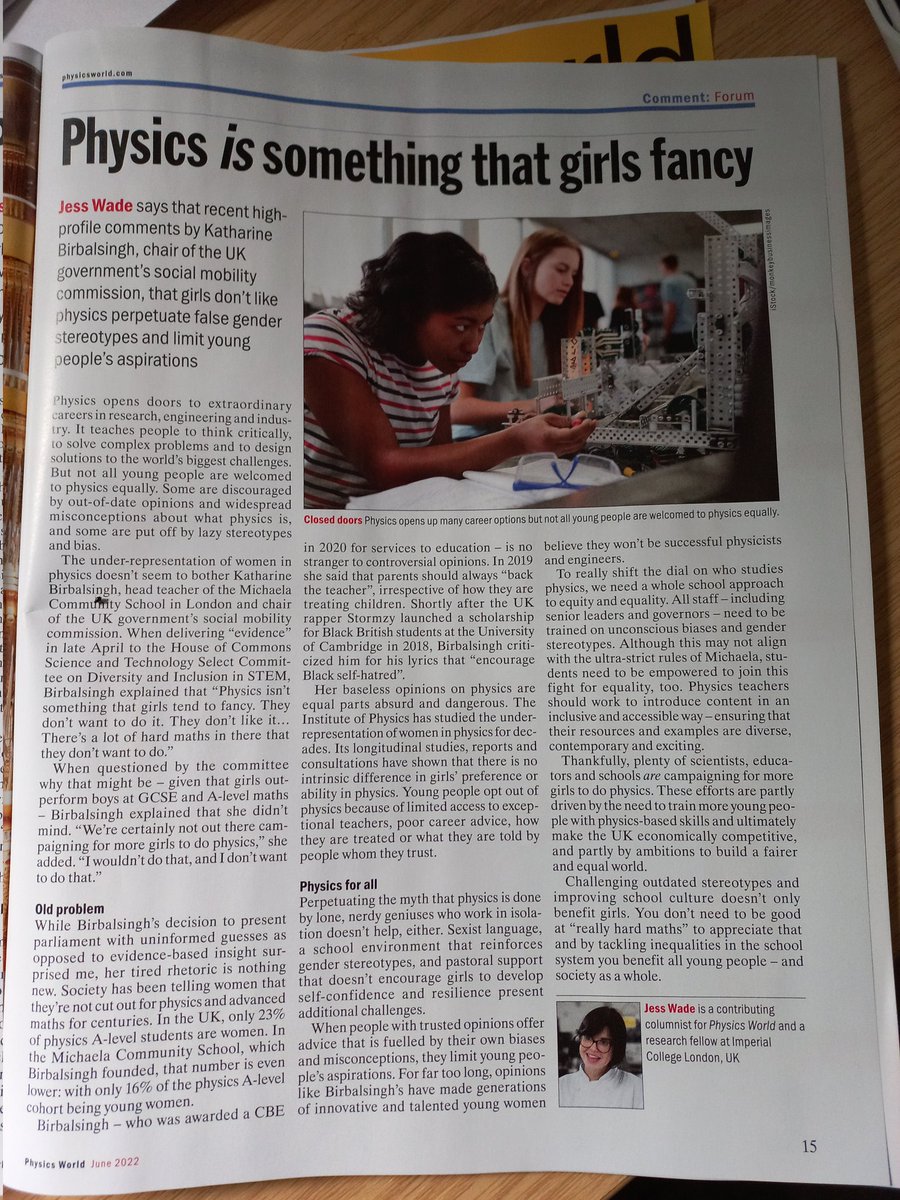 Important article from @jesswade in Physics World. Physics is for everyone, but we need to dismantle stereotypes and prejudices to make it happen. Thanks Jess.