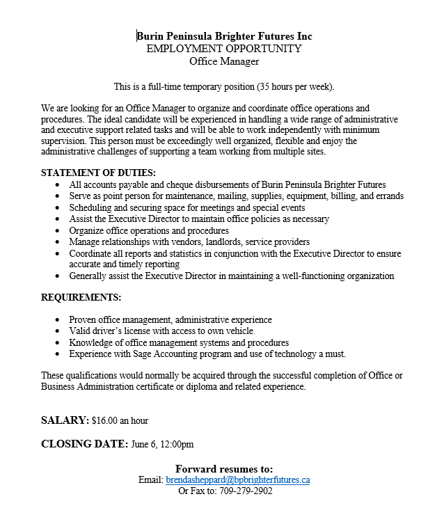 Brighter Futures Job Opportunity. Please see pic for further information and who to contact.