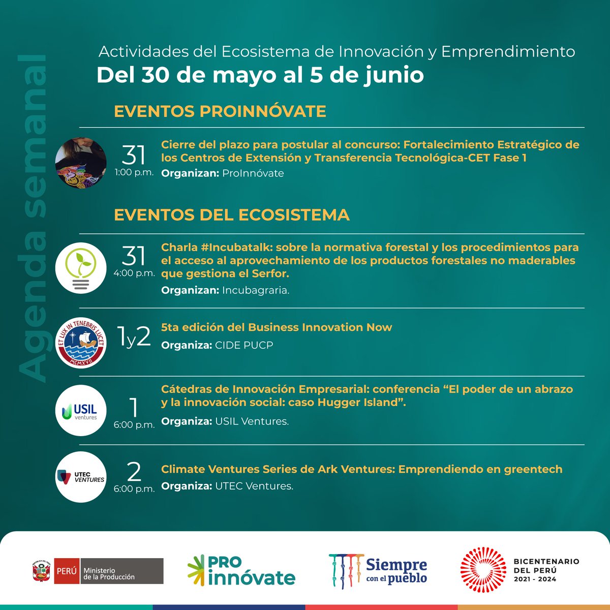 📅 Te presentamos los eventos más destacados del #EcosistemaDeInnovación de la semana del 30 de mayo al 5 de junio. 
Revisa la agenda #ProInnóvate y encuentra más información en:
👉bit.ly/EventosProInno…