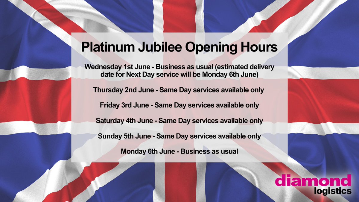 diamonddeliver's tweet photo. As we all prepare to celebrate Her Majesty's #PlatinumJubilee next week, please note the opening hours for @diamonddeliver's Guildford and Bournemouth Service Centres. Please contact your local Service Centre team for further information #logistics #diamondlogistics https://t.co/BH3AQiBJbm