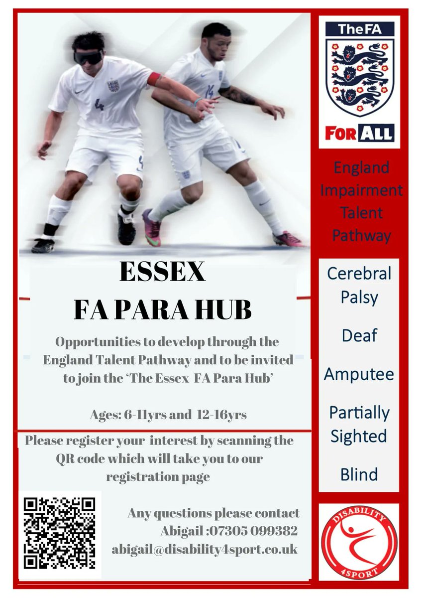 📢FA PARA FOOTBALL HUB - OPEN TRAINING SESSIONS 📢
 
22nd &amp; 25th July 
@ Chelmer Valley High School, Court Road, Chelmsford CM1 7ER
 
For Cerebral Palsy, Deaf and partically sighted players
Contact Abigail on abigail@disability4sport.co.uk or text 07305099382 to book on