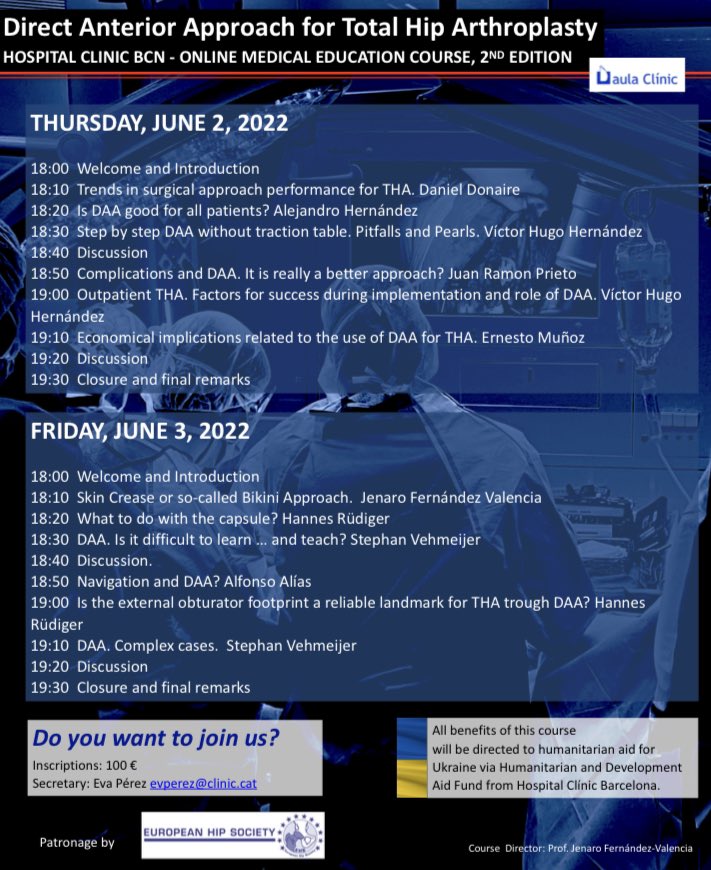 JenaroFV_MD's tweet photo. Direct Anterior Approach for Total Hip Replacement Webinar with the Patronage of the European Hip Society. Next 2 & 3 of June. Just 3 days to go! Are you going to miss it? @hospitalclinic @seccadera @secotsecot #EuropeanHipSociety #DirectAnteriorApproach https://t.co/lXDLeFvcg5