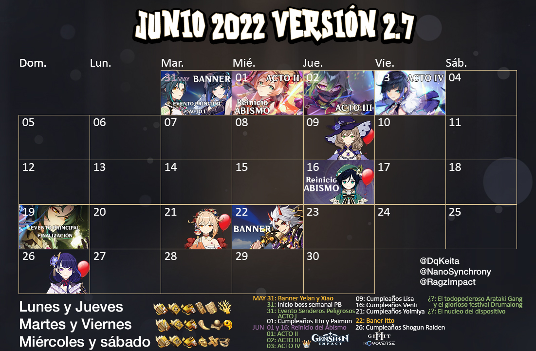 DqKeita's tweet image. ¡Ya está disponible el calendario de eventos de Junio de Genshin Impact! [V.2.7]

¡Dale 🔁 y ❤️ para una mayor difusión!

[Calendario en plena actualización]
hoyolab.com/article/5045120

@genshinimpactes
#Gensinimpact #Genshin #GIHiT #Yelan #原神