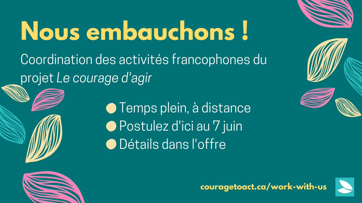 possibilityseed's tweet photo. Le courage d’agir cherche une personne pour s’occuper de la coordination de ses activités francos! Contrat à distance, d’une durée de 16 mois, temps plein. Poste ouvert à toute personne basée au Canada. Postuler jusqu’au 7 juin, 17h00 (HNE)! Détails au https://t.co/x9tumCv3tQ. https://t.co/ajcBkn91My