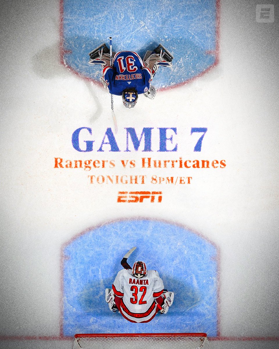 SportsCenter's tweet photo. The best two words in sports: Game 7 🍿

@NYRangers ❌ @Canes 

📺 ESPN | 8 PM ET | #StanleyCup https://t.co/lBMTwxlP9e
