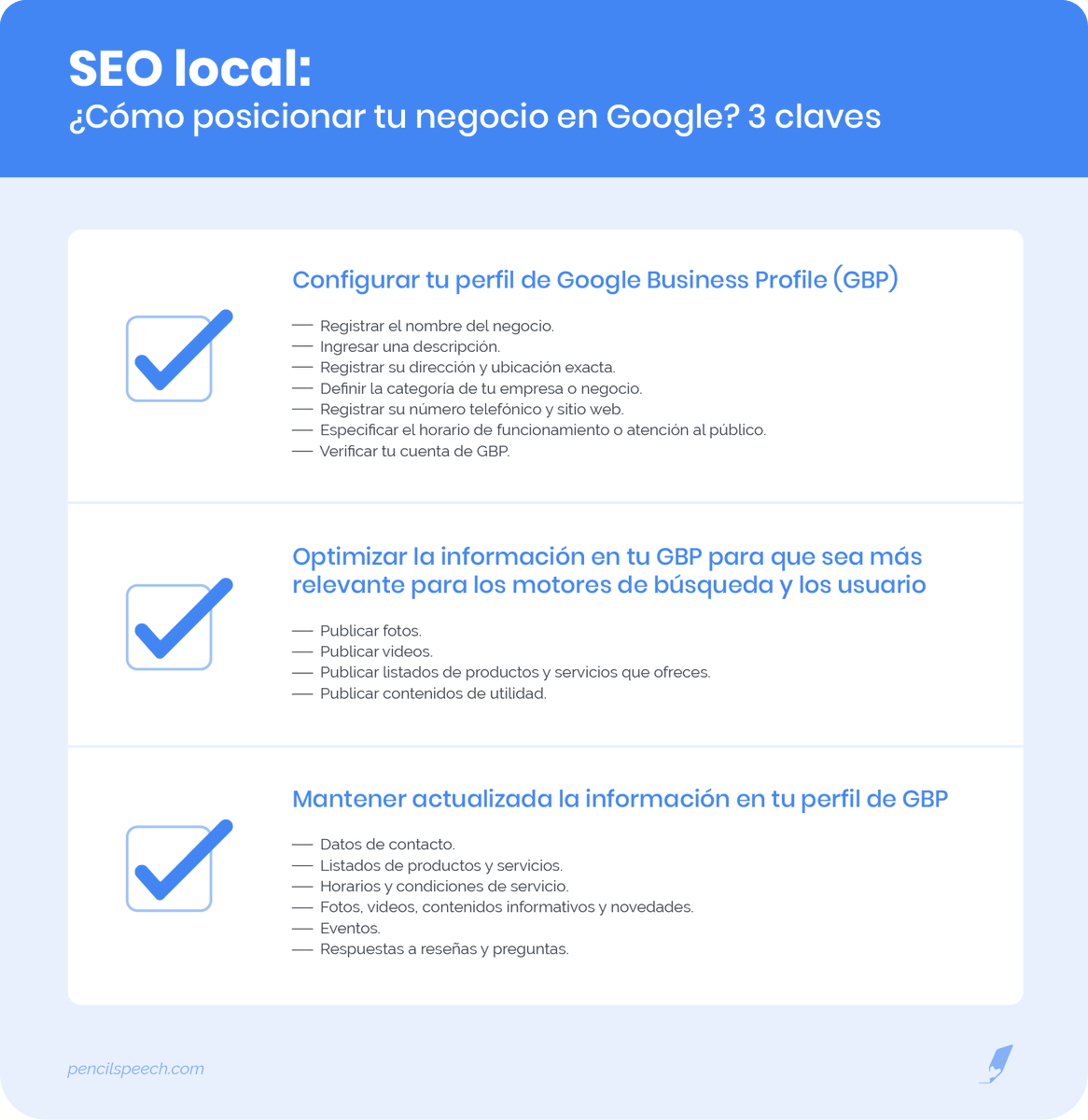 ¿Cómo hacer SEO local?

Una guía rápida que resume nuestro artículo recién salido del horno: pencilspeech.com/seo-local/