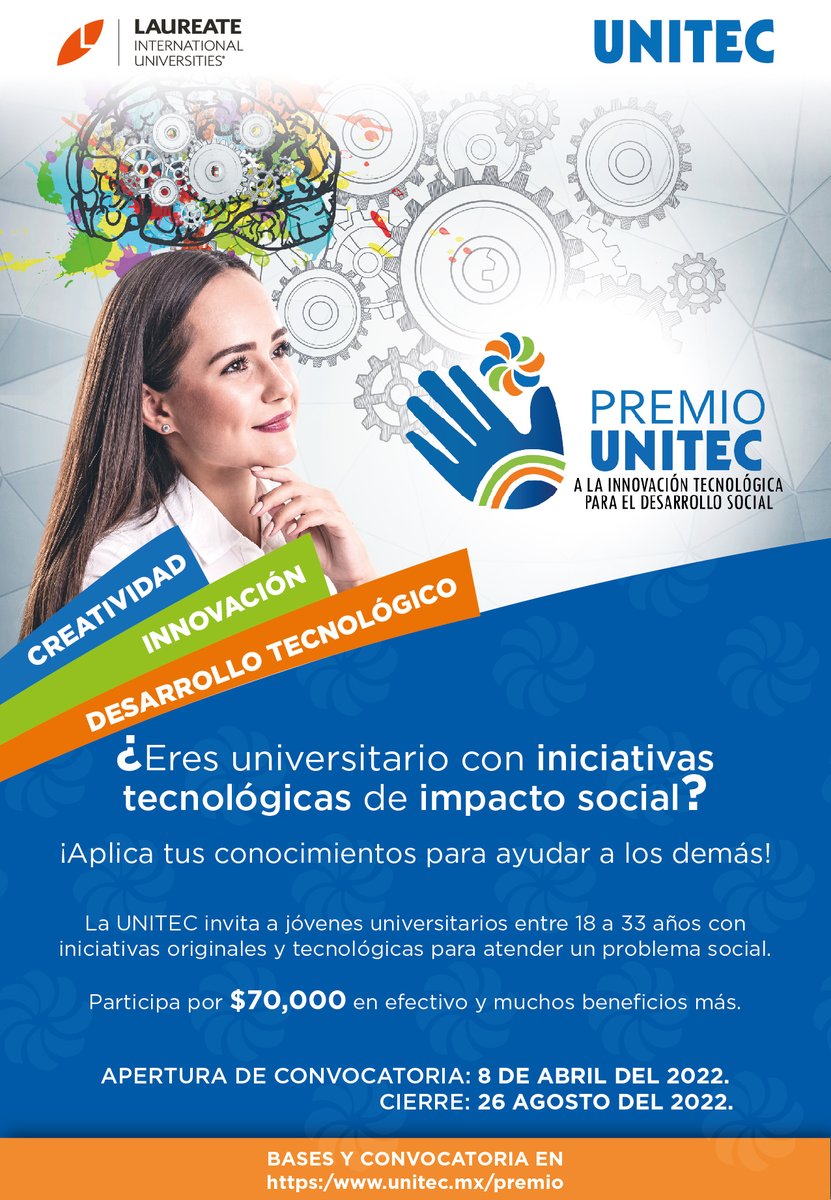 Participa en Premio UNITEC. Los cinco ganadores recibirán, un premio de $70,000 MXN, mentorías y capacitación por 5 días. 
¡La convocatoria estará abierta hasta el 26 de agosto del 2022!
Para más detalles, puedes consultar en el siguiente link: unitec.mx/premio/