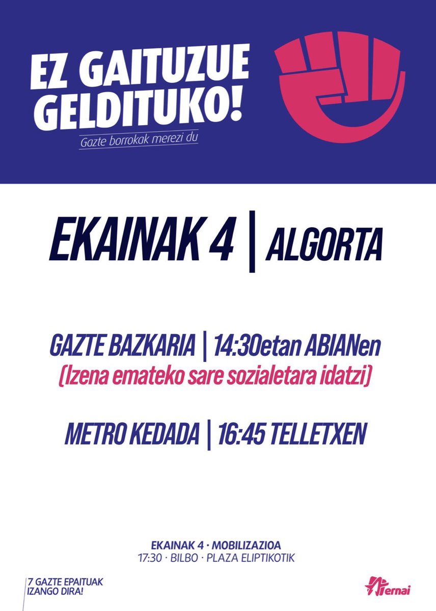 AlgortaErnai's tweet photo. ▪️7 gazte auziperatu
▪️Urte bat eta urte eta erdiko espetxe zigor eskerak
▪️Isunak, kalte ordainak... 20.000€tik gora guztira

Ekainaren 4an Bilboko kaleak hartuko ditugu. Horrekin batera, bazkaria eta metro kedada antolatu ditugu. 

Gazte borrokak merezi duelako ✊ https://t.co/NGt7b3txGW