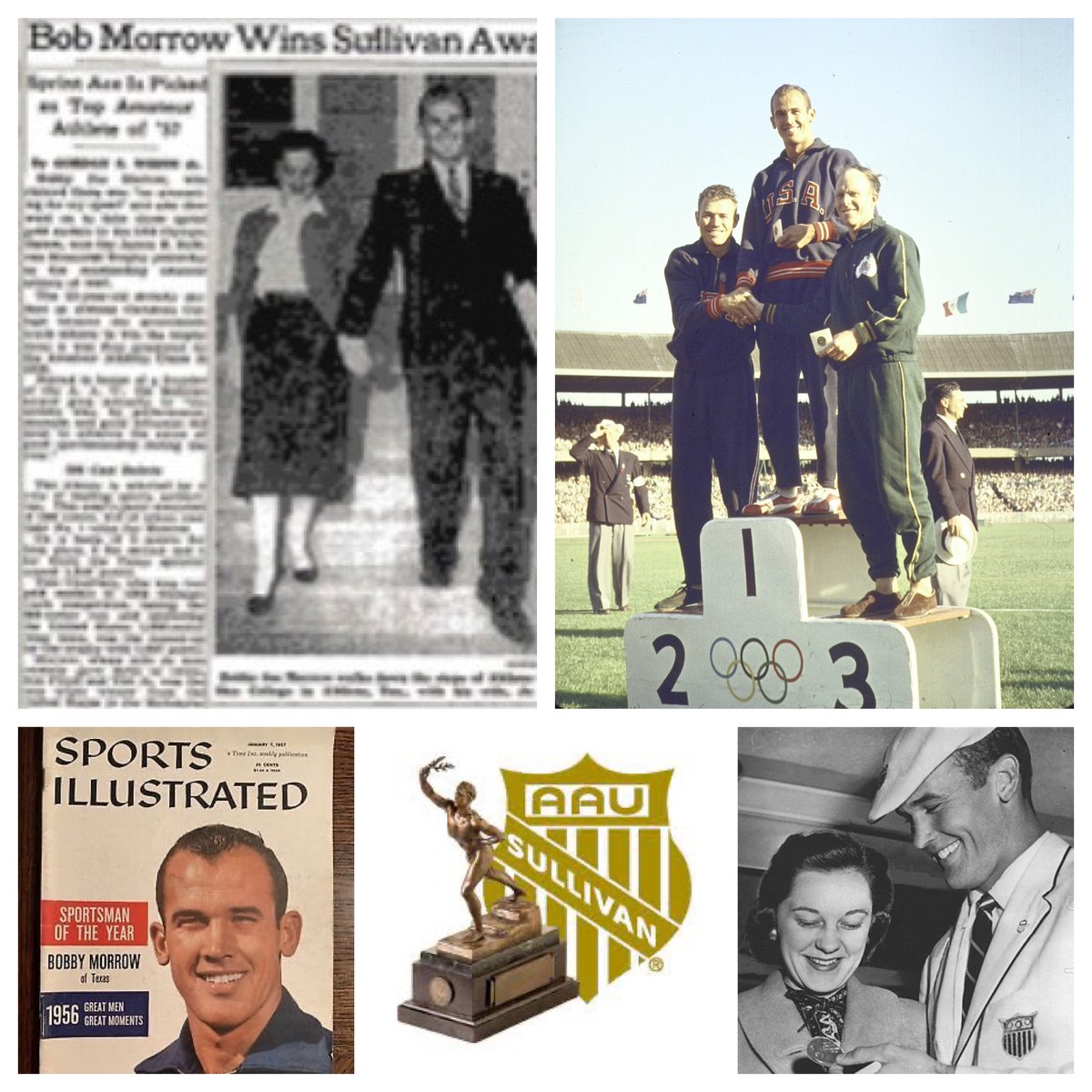 SportsStoriesDL's tweet photo. #SSDLHistory - On May 30th in 2020, track star #BobbyMorrow (1935-2020) died. Born in Harlingen, TX, #Morrow was an #AAU sprint champion and a 3x gold medal winner at the '56 Melbourne @Olympics. In 1957 he won the 28th @AAUSullivan Award and the @SInow Sportsman of the Year. https://t.co/VZrQD0LMf9