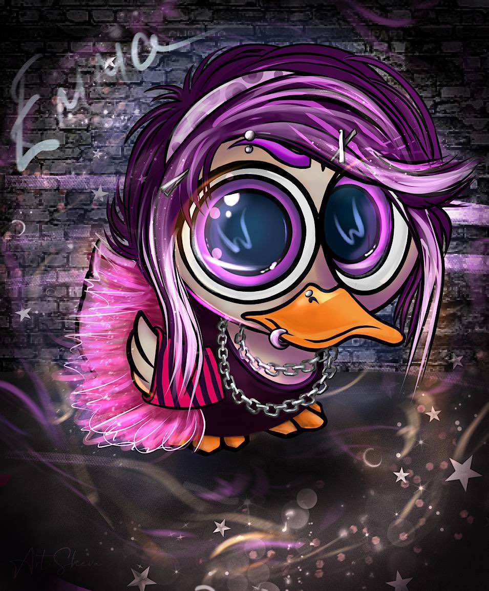 Emma 💜 duckling collection DucklingWave #19

expresses her whole emotional scale with her whole appearance. She loves pink and walking in the rain.Her look was once called 🖤 emo.Well, that's part of me, too

57 USDN
on @signArtApp 

#Benjaminbitcoin #OGCollective  
#NFTArtSheva