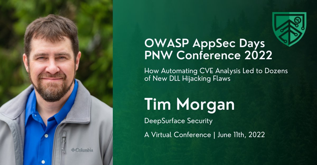 Don't miss Tim Morgan's talk at AppSec Days PNW 2022.

Tim Morgan is the founder and CTO of DeepSurface Security, where he designed an innovative risk-based vulnerability management product that helps security teams.

Join and reserve your tickets here:  eventbrite.ca/e/2nd-annual-o…