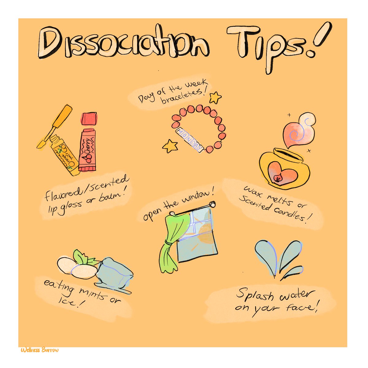 WellnessBurrow's tweet photo. Some lovely tips that can help cope with dissociation! Hope everyone is having a lovely day! 🌷🌸🌈
#mentalhealth    #MentalHealthAwareness #dissociation #CPTSD #PTSD #positivity #coping #BPD #bpdtwt #Depression #anxiety https://t.co/eQ7VXrJNwG