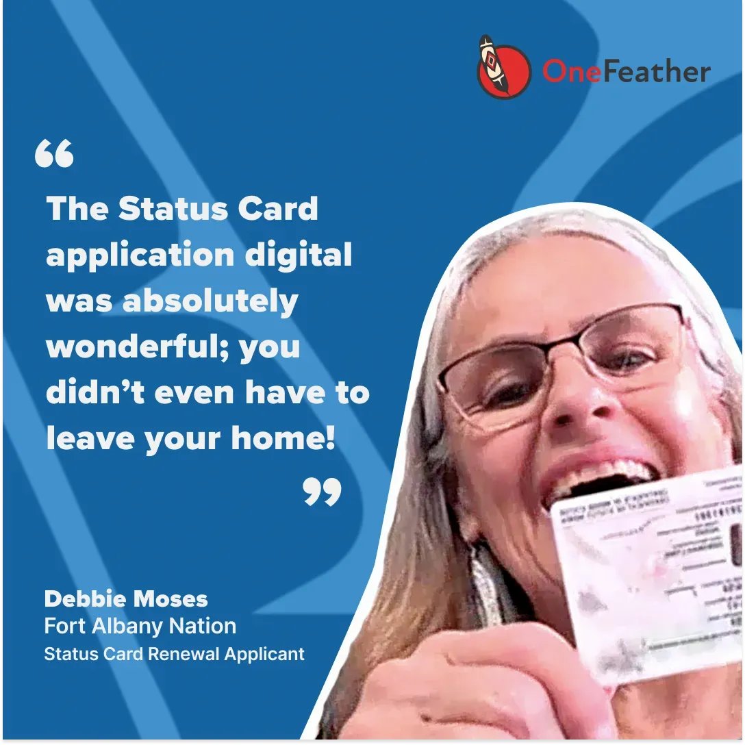 OneFeatherApp's tweet photo. Hear about how quickly Debbie received her status card and use our limited promotional offer to get yours! Apply here 👉🏼 : https://t.co/OtXe0s83z4
#firstnations #statuscard https://t.co/nbugS6oZWl