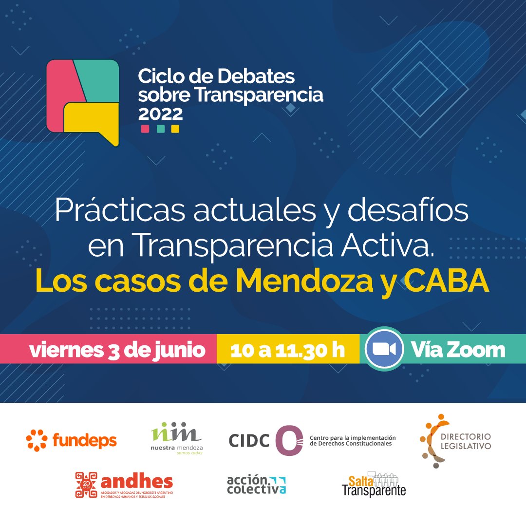 La Transparencia Activa referencia a aquella información que los Gobiernos deben publicar en sus portales web sin necesidad de que nadie se las pida. Conoceremos y discutiremos sobre como se trabaja en CABA y Mendoza. Inscribite en bit.ly/3MLFIX6.