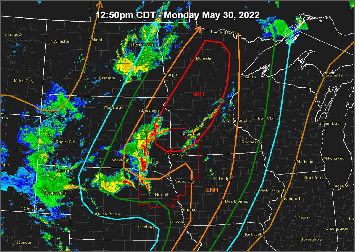 NWSSPC's tweet image. Severe weather is likely across the northern MS Valley today, with a tornado watch and severe thunderstorm warnings in effect. 75+ mph winds, 2+ inch hail, and strong tornadoes are possible. Tune in to broadcast media or NOAA weather radio for additional watches/warnings.
