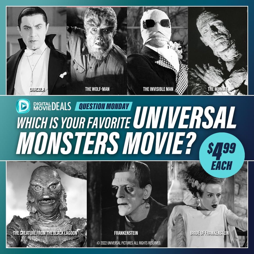 DigitMovieDeals's tweet photo. It’s time for #QuestionMonday! This week’s question: which of the classic #Universal Monsters movies is your favorite? https://t.co/rwBd2AQcYD https://t.co/Yle04OlIQL