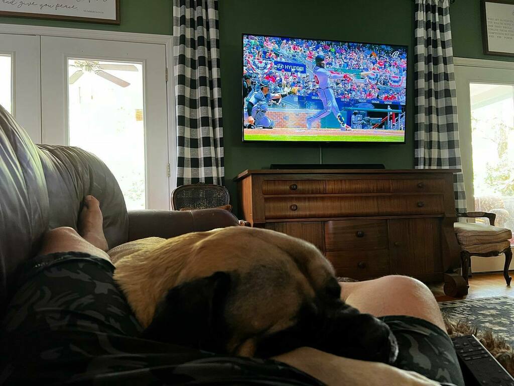 KitPalmer's tweet photo. Recovery mode w/ Winston after my first run (5k) in a couple of weeks. Let’s go @braves ! Happy Memorial Day! #thankyouforyourservice https://t.co/9N4jB7BKSI https://t.co/kMJXdcWUWi