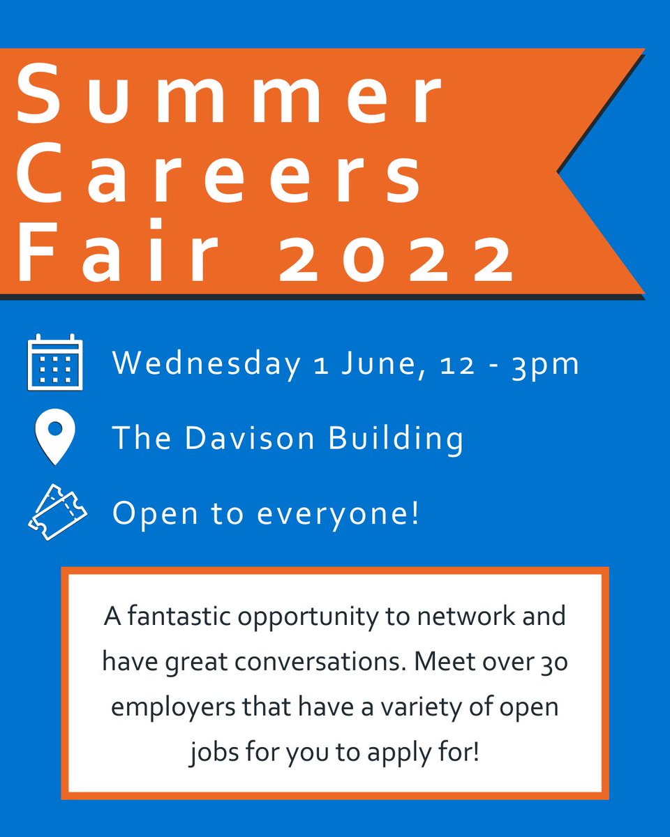 Looking for your first job after graduating? Or maybe you want to find a summer job or internship? Don't miss our Summer Careers Fair in the Davison Building this Wed 1 June, 12-3pm and meet lots of employers who are currently recruiting. No booking needed, just turn up!