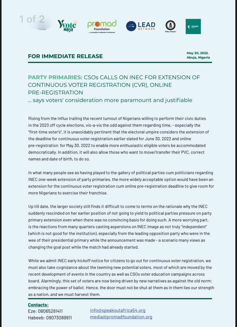 promadng's tweet photo. PRESS STATEMENT: CSOs call on INEC to extend Continuous Voter Registration Exercise
Dear Nigerians
Let call on @inecnigeria to #ExtendCVRDeadline so that more Nigerians can get registered to participate in the 2023 general elections. Join us and retweet
@YIAGA @EU_SDGN @BudgITng https://t.co/SxhpF57pph