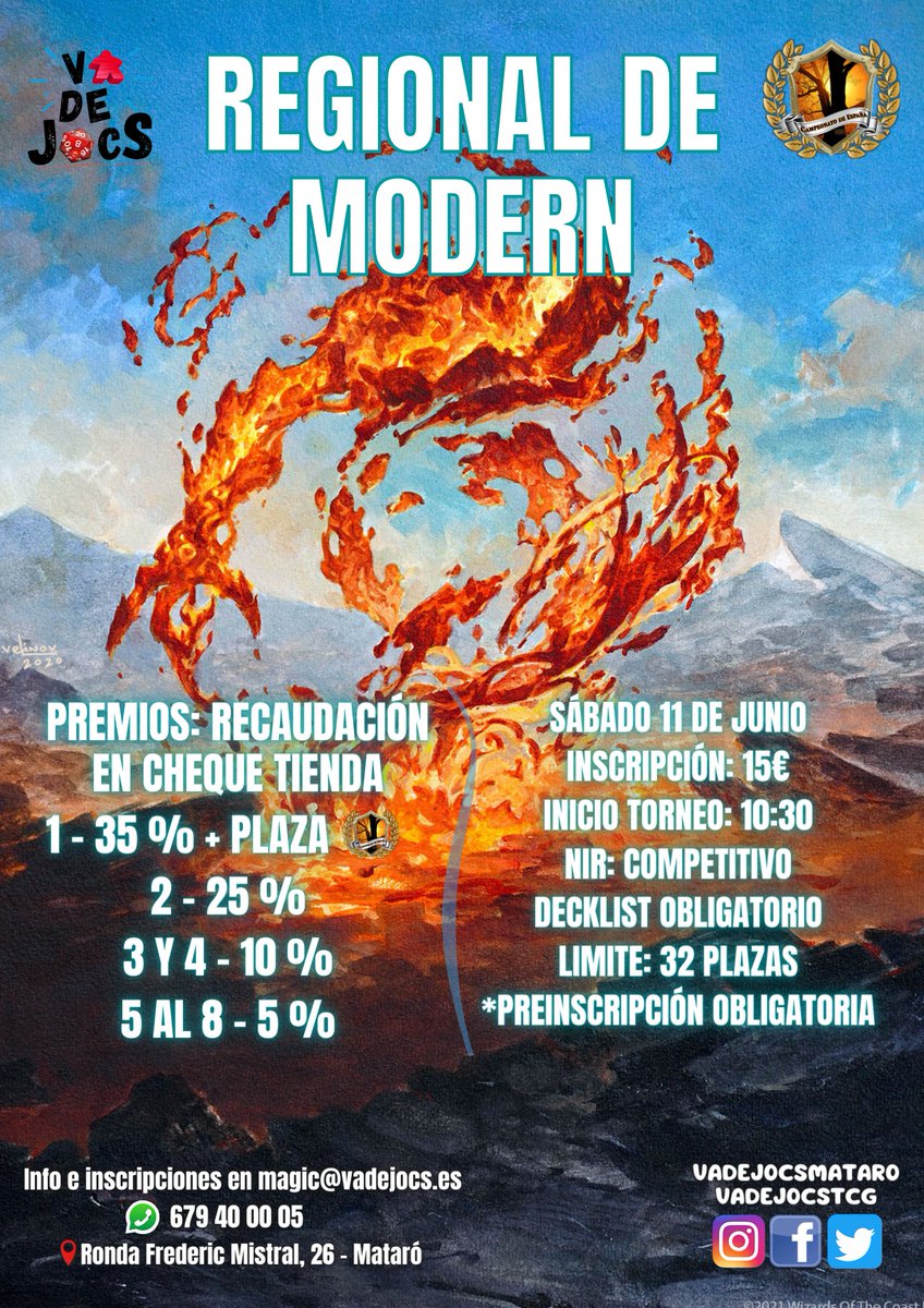 Tenemos nuevo Regional de Modern en <a href="/vadejocsmataro/">vadejocs</a> 
No te quedes sin tu plaza

#mataro #torneig #mtg #magicthegathering #modern #modernhorizons #barcelona #torneo #tienda #mtgmodern #tcg #wotc #maresme #premios #mataró #regionaldemodern #regional #juecesmagic