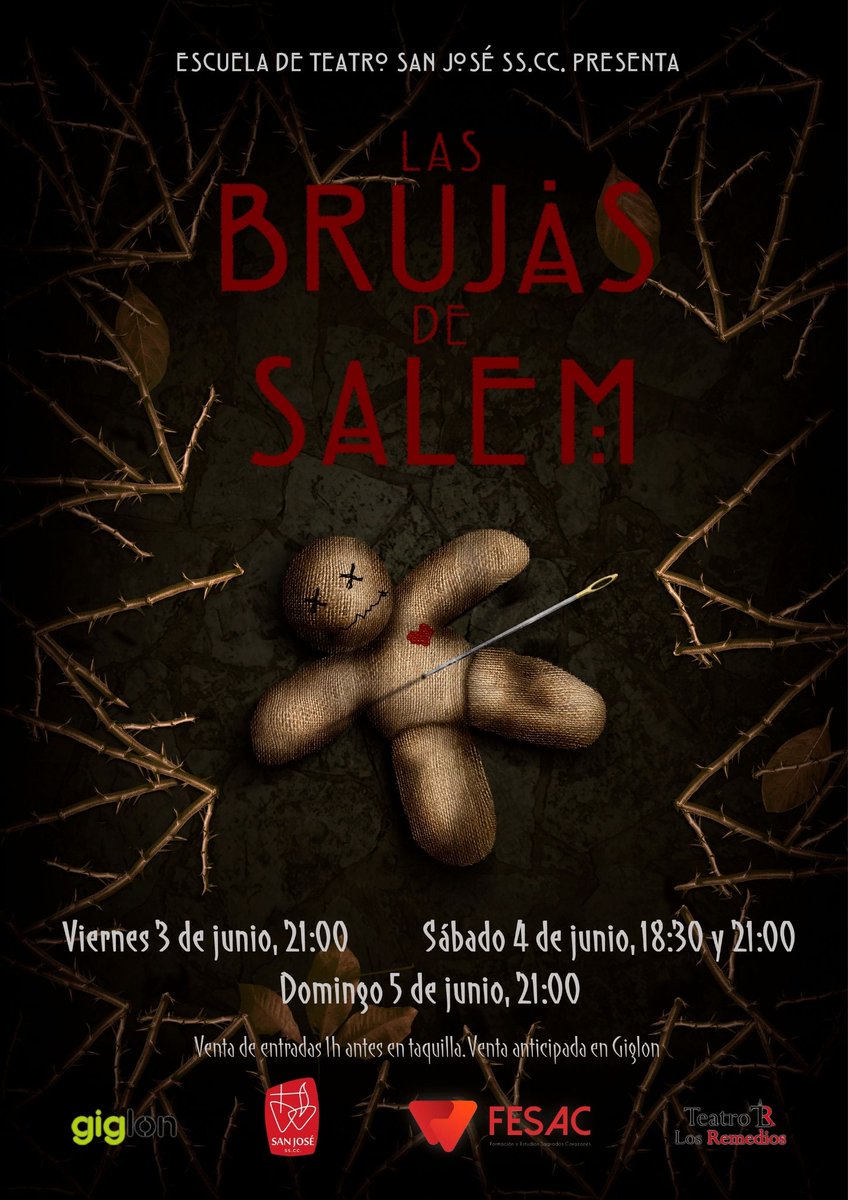 Las Brujas de Salem, una adaptación del clásico de A. Miller

📅 04/06 ⏰ 18:30h &amp; 21:00h
📅 05/06 ⏰ 21:00h
🎟  giglon.com/evento/las-bru… y una hora antes en taquilla

📍 <a href="/TeatroRemedios/">Teatro Los Remedios</a> 

#culturaensevilla #brujassscc #teatroamateur