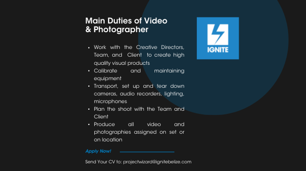 ignitebelize's tweet photo. IGNITE is looking for an experienced and creative Videographer/Photographer to join our team! 📹 

Our ideal candidate knows how to work with their subjects, and capture the most compelling images and footage. 📸

Position based in Belize City.📍

#nowhiring #mediajobs https://t.co/HRYPwUPmyY
