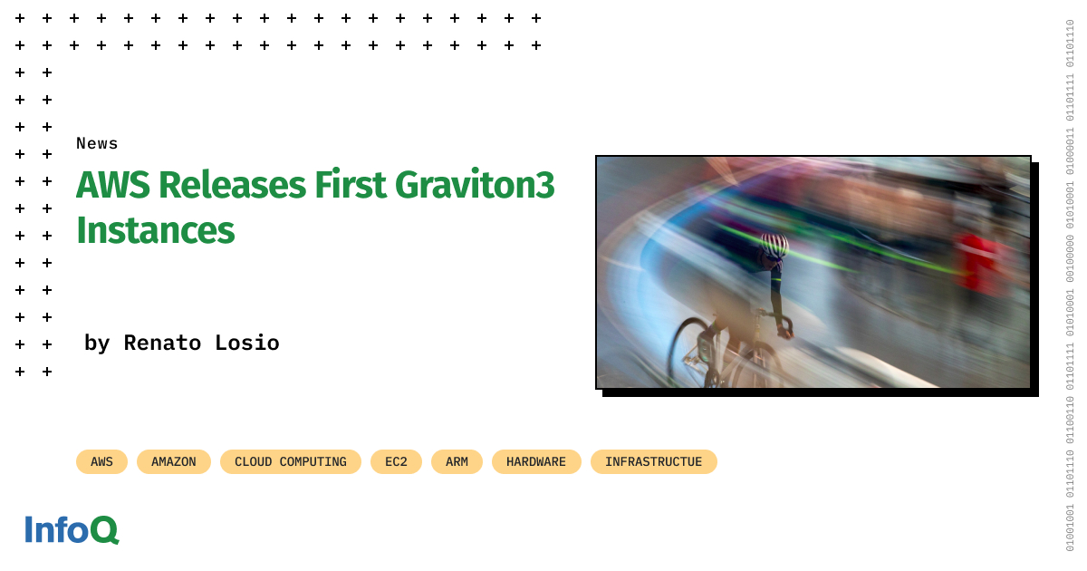 InfoQ's tweet photo. #AWS announced the GA of the #C7g Instances. They are available in eight sizes, from 1 to 64 vCPUs supported configurations up to 128 GiB of memory, 30 Gbps of network performance, and 20 Gbps of EBS performance: https://t.co/6PxoMoKXzl

#InfoQ #EC2 ##Graviton3 #Amazon https://t.co/q0MLHi6e5e