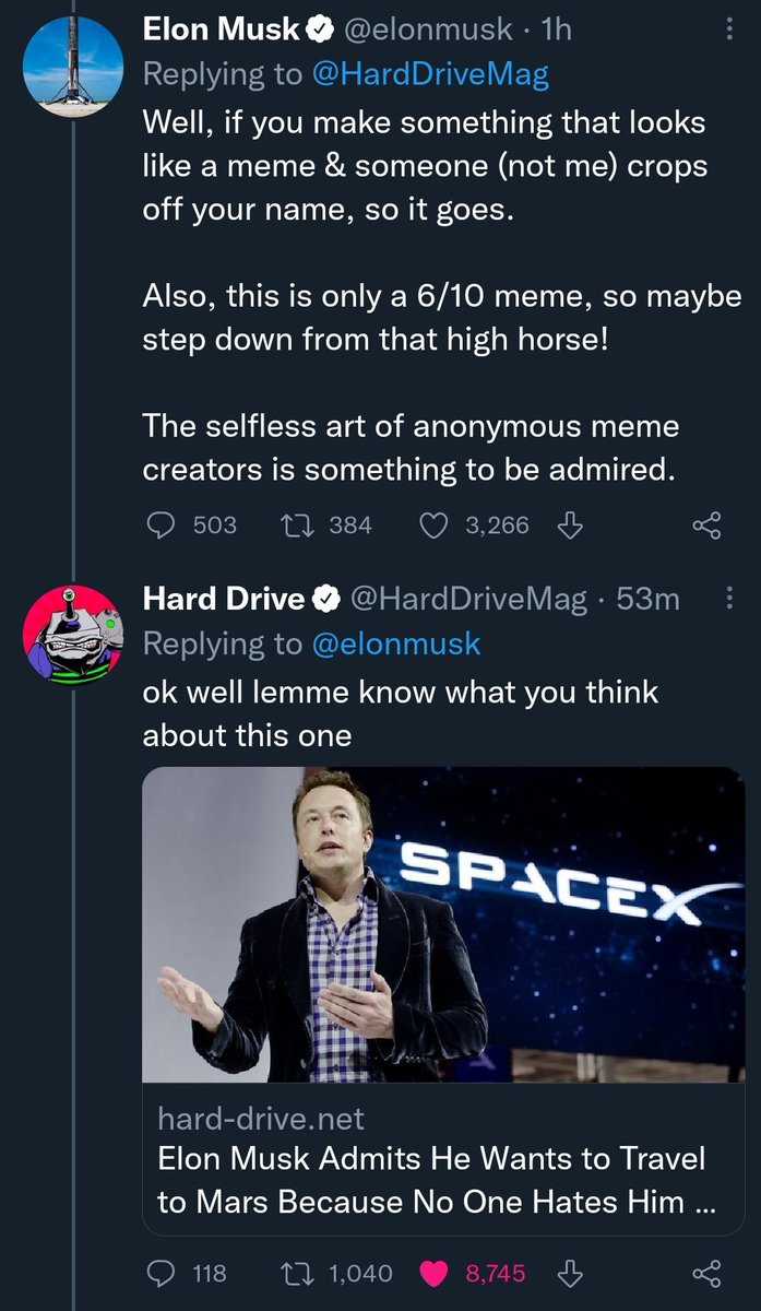 steinkobbe's tweet photo. Elon keeps stealing shit from Hard Drive Mag and goes full meltdown right wing culture warrior when called out on it. If they're so unfunny and woke why does he keep stealing their shit https://t.co/sHxy3WpPcW