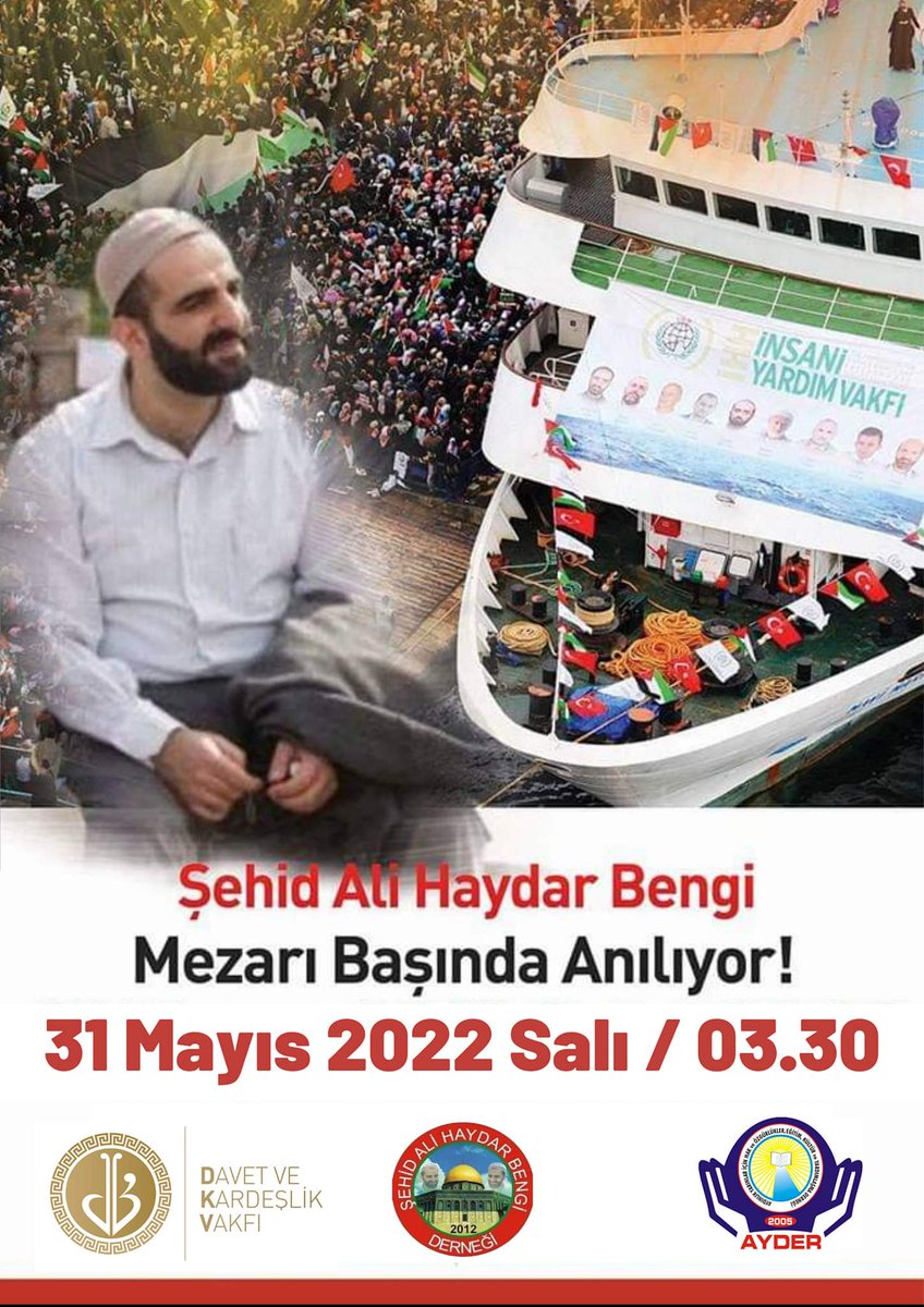 31 Mayıs saat 3.30'ta Şehit Ali Haydar Bengi Hocamızın  Şahadetinin 12. Sene-i devriyesinde mezarı başında anıyoruz... 
#KırmızıKart