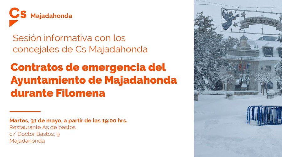 ESPipaon's tweet photo. ⚠️CONTRATOS DE EMERGENCIA EN #MAJADAHONDA⚠️

🍊Reunión informativa con los concejales de Ciudadanos🍊

📆 Martes, 31 de mayo de 2022

⏰ A partir de las 19:00 hrs.

📍Restaurante As de Bastos (c/ Doctor Bastos, 9) https://t.co/G900Bt7vGF