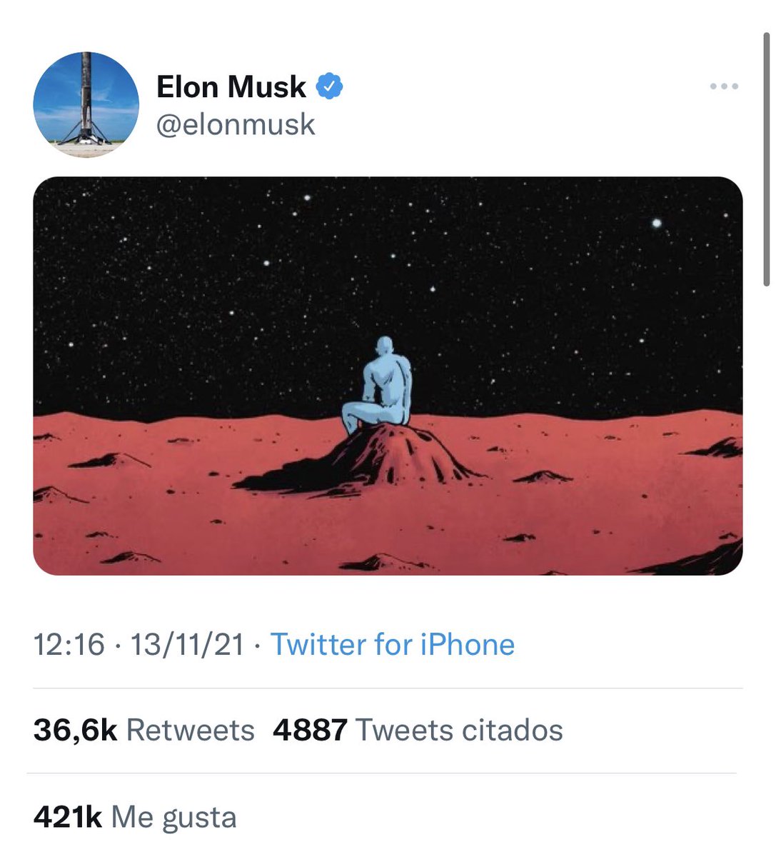 cryptobcncat's tweet photo. Hay muchos rumores sobre estas imágenes de @elonmusk

El 13 de Noviembre, poco antes del declive de #Bitcoin, tuiteó una imagen igual a la de hace 2 días, con la diferencia de que el personaje está de frente en vez de espaldas.

Será este el comienzo de un movimiento alcista? 🙀 https://t.co/SU8KEOMX5m